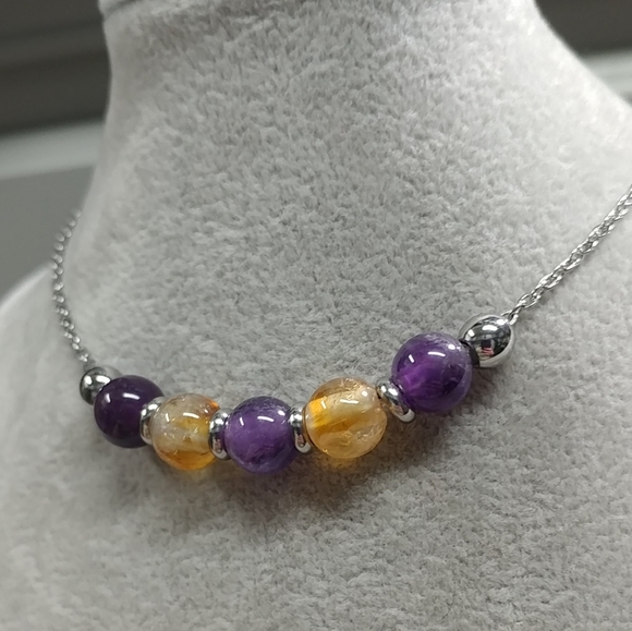 Citrine Amethyst Bead Necklace Natural Gemstone Crystal Stainless-Steel Chain - Picture 7 of 11